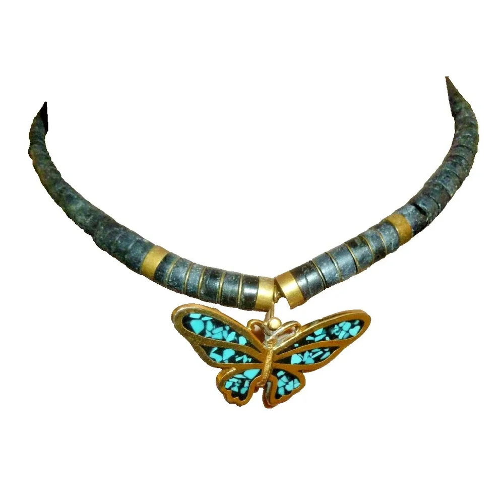 Vintage Southwestern Turquoise Inlay Butterfly Heishe Bead Choker Necklace Black